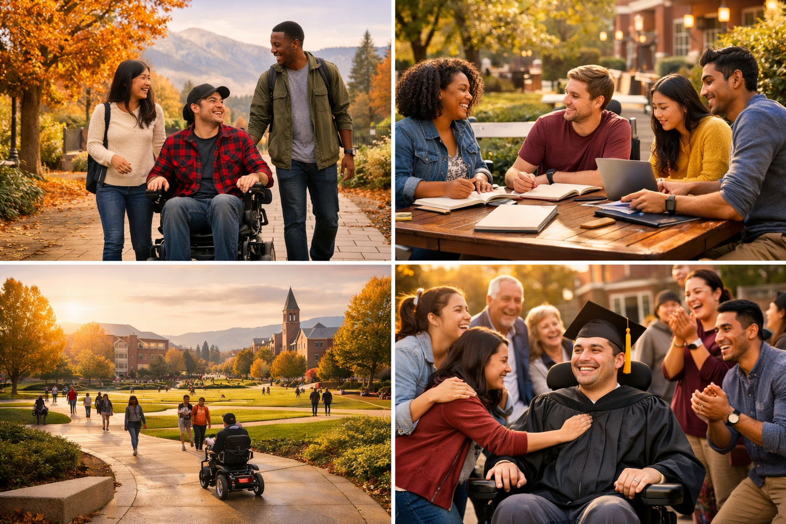 Inclusive campus life — students with and without disabilities enjoying college together